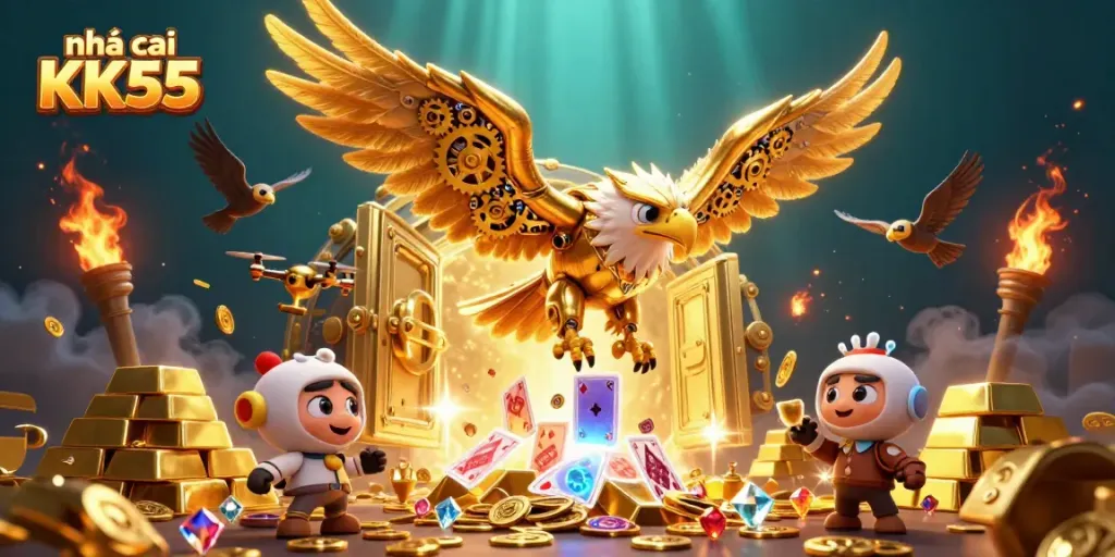 Experience the thrill with nhà cái KK55 through a vibrant 3D casino scene featuring a diving golden eagle.
