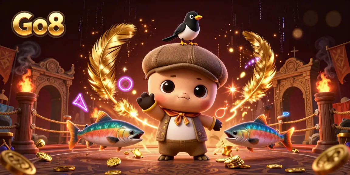 Engage with Go8's thrilling online gaming environment featuring cute characters and vibrant casino elements.