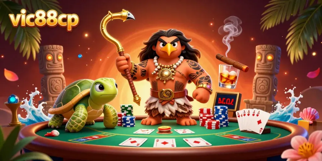 Engaging scene with vic88cp characters gambling at a poker table, showcasing colorful poker elements.
