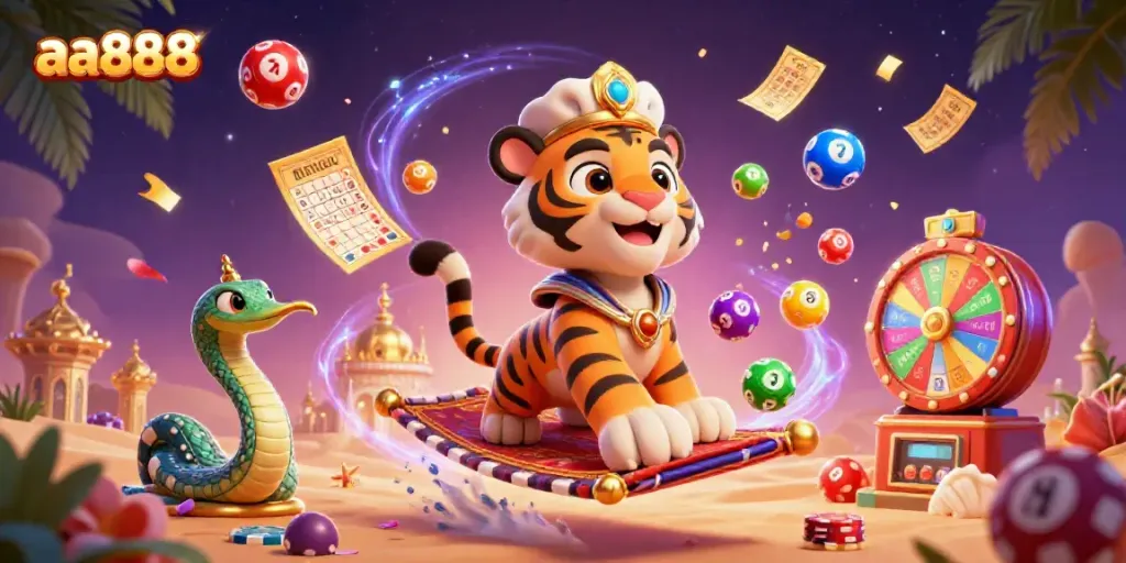 Experience the magic of gambling with aa888, featuring a sultan tiger and vibrant game elements.