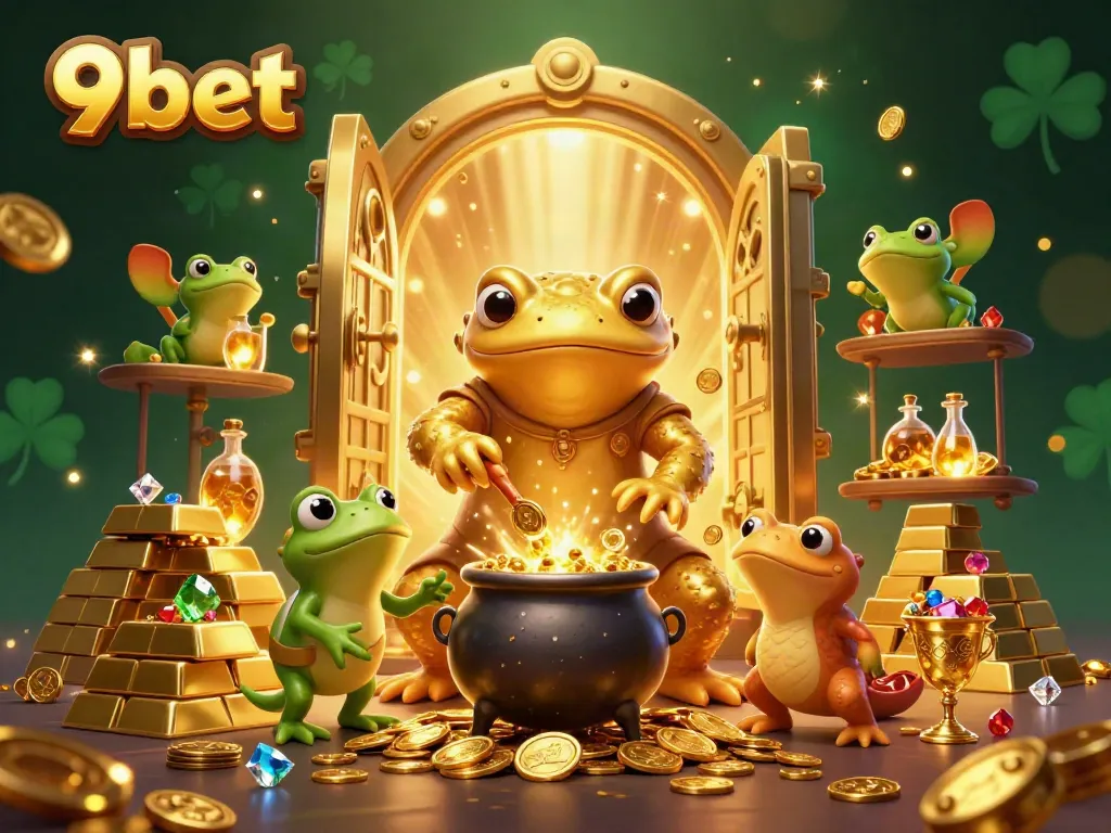 Experience excitement at 9bet with vibrant characters in a magical gold-themed casino scene.
