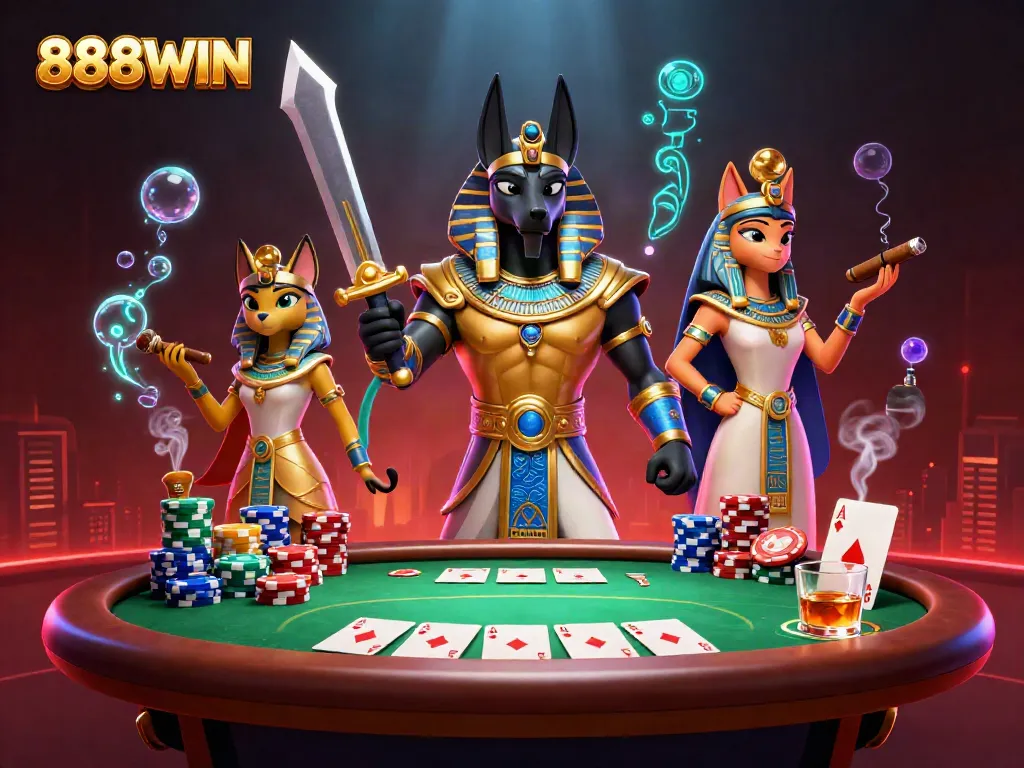 Experience thrilling poker action with 888WIN's dynamic characters and colorful gaming elements.