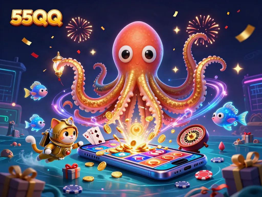Spin and win with 55QQ: a colorful casino adventure featuring a kraken and diving cat.