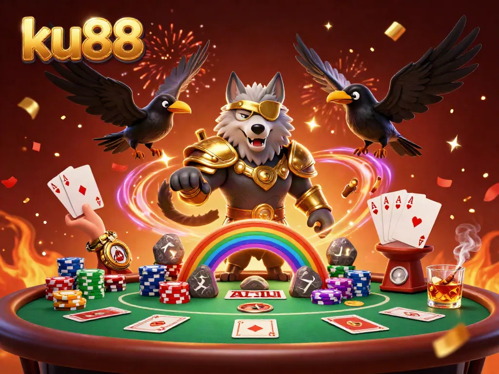 Experience thrilling gaming adventures at ku88 with dynamic 3D illustration of Odin and ravens.