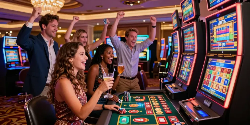 Excited group celebrating a win at gem88 casino.