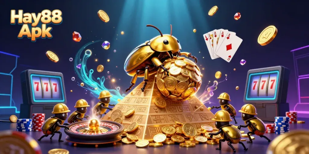Engage with Hay88 Apk's dynamic casino scene featuring golden coins and vibrant games.