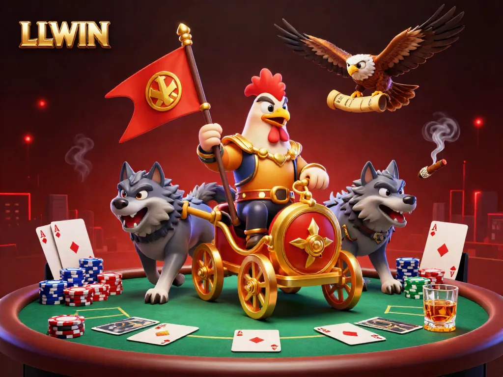 LLWIN showcases a thrilling poker scene with a rooster warlord in a chariot among vibrant casino elements.