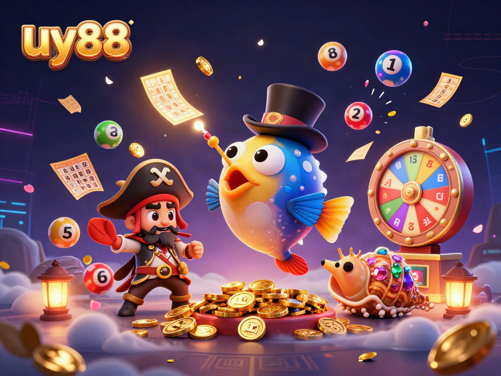 uy88 lottery scene with anglerfish, shrimp, and treasure snail surrounded by colorful game elements