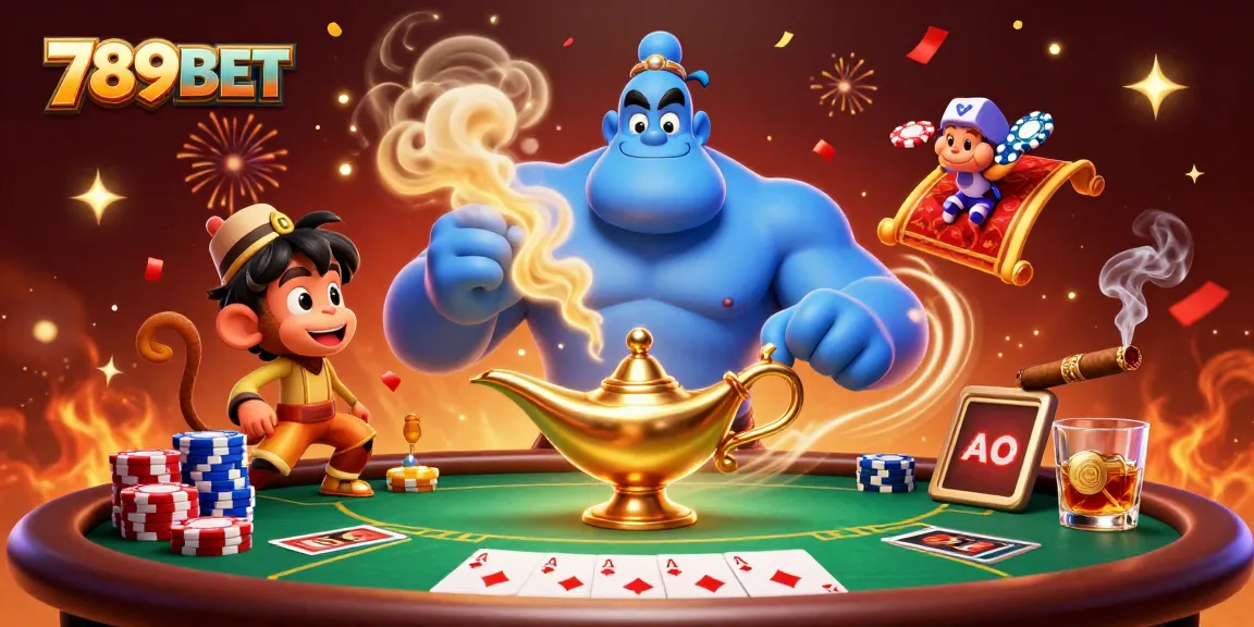Engage with the thrilling world of 789BET featuring a whimsical 3D genie and poker elements.