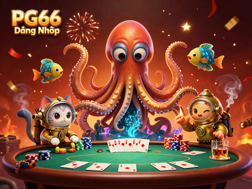 Engage in winning strategies with PG66 Đăng Nhập, filled with vibrant casino elements and lively characters.