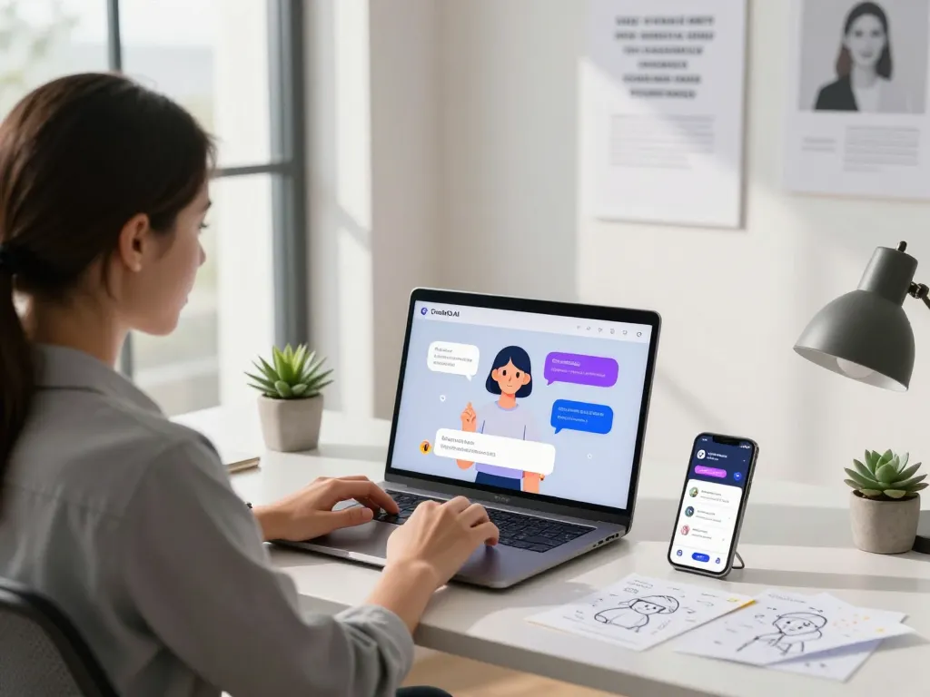 Interactive session with Crush on AI in a modern workspace, showcasing chatbot features and vibrant character interactions.