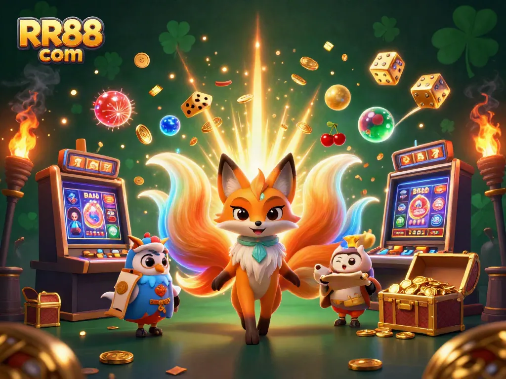 Engage with RR88 com's vibrant gaming essence featuring a mystical fox and owl in a rich casino backdrop.