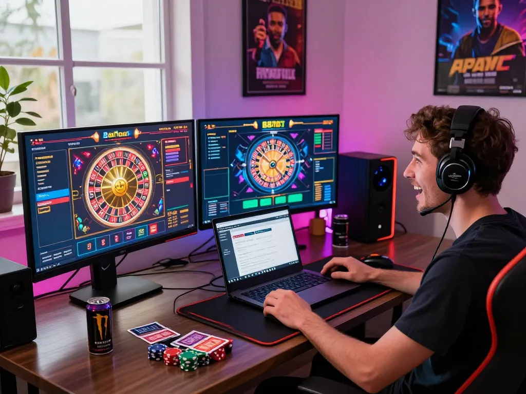Engaged player enjoying 887bet online gaming experience with multiple screens