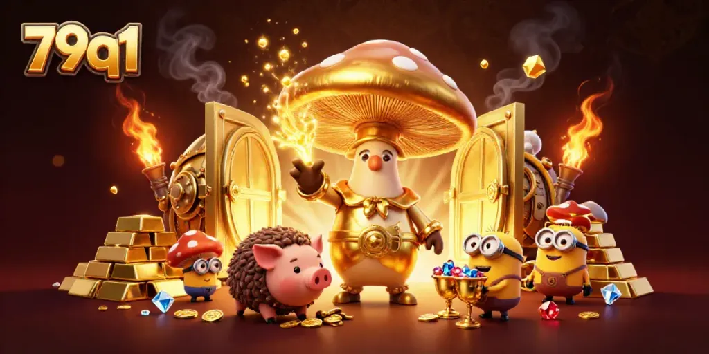 Engage with 79q1's magical realm of gambling, featuring a golden mushroom wizard and treasures.
