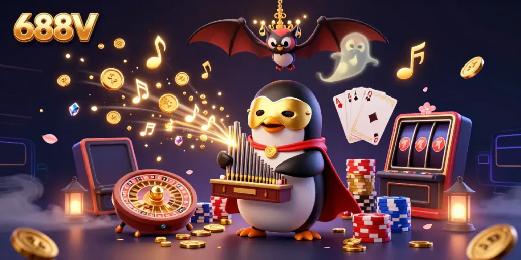 Experience the thrill at 688V with a rich illustration featuring a penguin organist surrounded by casino elements.