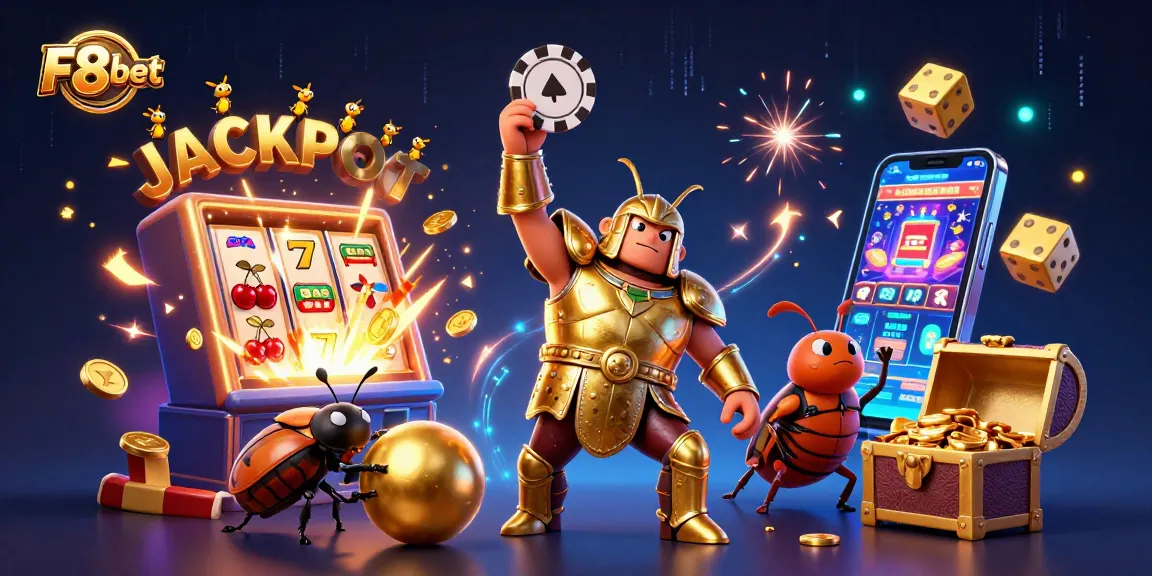 Engage with F8bet's thrilling atmosphere featuring victorious characters and exciting casino elements.