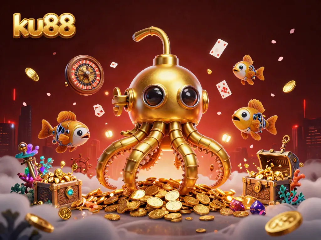 Experience thrilling gameplay at ku88 with a golden kraken submarine surrounded by riches and casino elements.