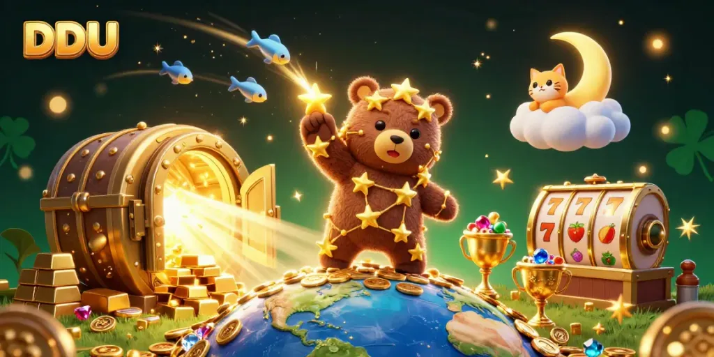 Experience thrilling DDUU gameplay with spinning slot reels and cosmic characters immersed in treasure.