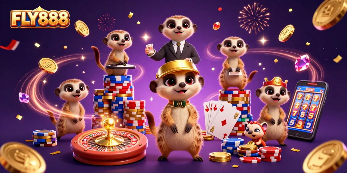 Engage with FLY888 in this dynamic illustration of meerkats operating a vibrant casino scene.