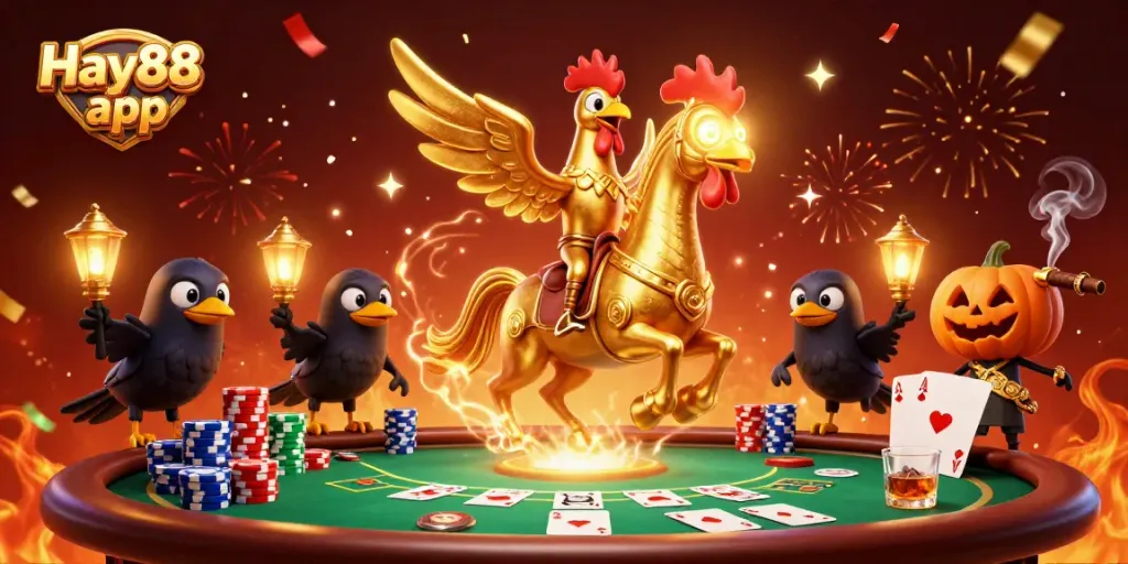 Experience the excitement of the Hay88 app in a vibrant casino illustration with a golden rooster.