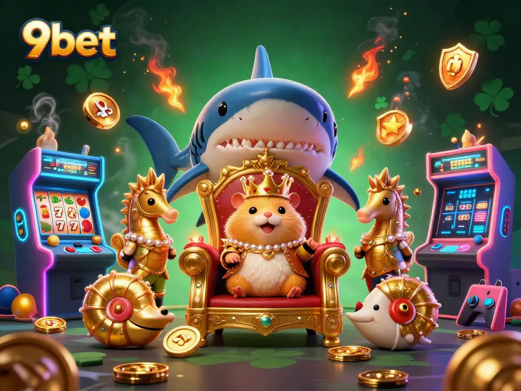 Experience the thrill of 9bet with a royal hamster king and vibrant casino elements in a dynamic scene.