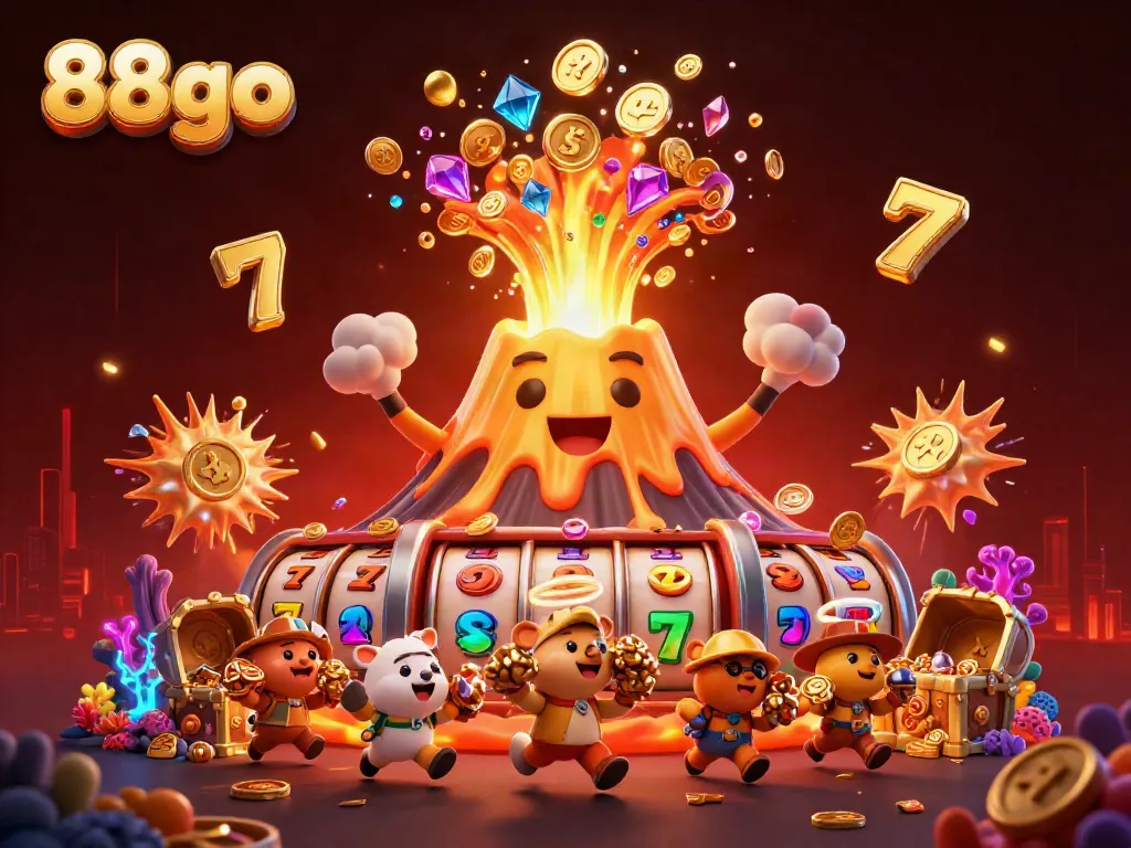 Experience the excitement of 88go with a golden volcano erupting treasures in this stunning casino illustration.