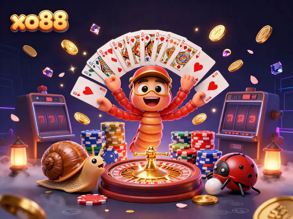 Experience excitement with xo88's thrilling 3D illustration of a casino scene with animated characters and vibrant game elements.