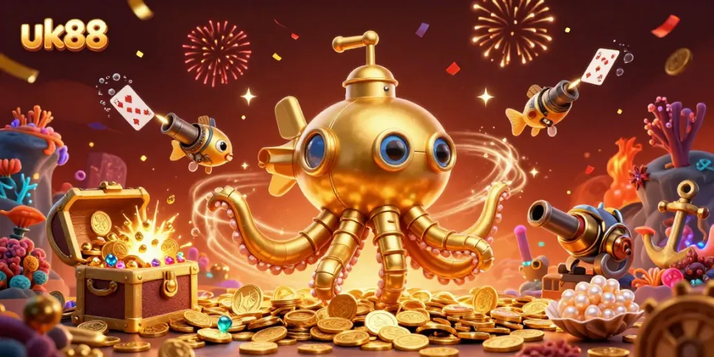Experience thrilling wins with uk88 as the golden kraken submarine surfaces through golden coins and lavish treasures.