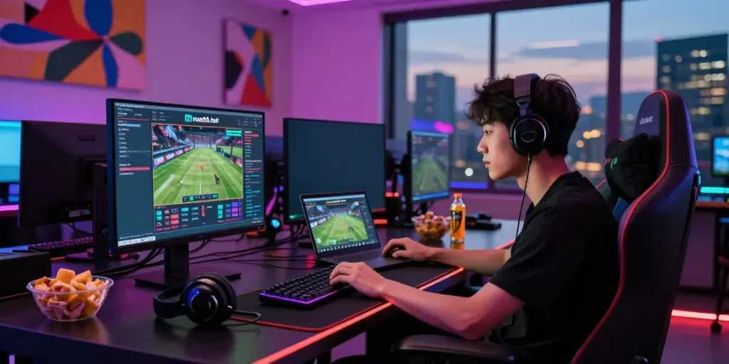Engaged gamer at https://man88.hair/ in a modern gaming setup with vibrant lighting and high-tech accessories.