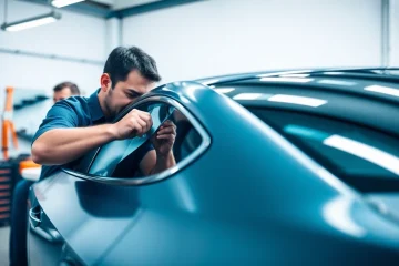 Apply window tint near me with professional quality in a well-lit garage.