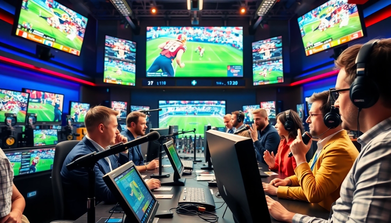 Engaging scene of sports broadcasting showcasing diverse professionals and advanced equipment.