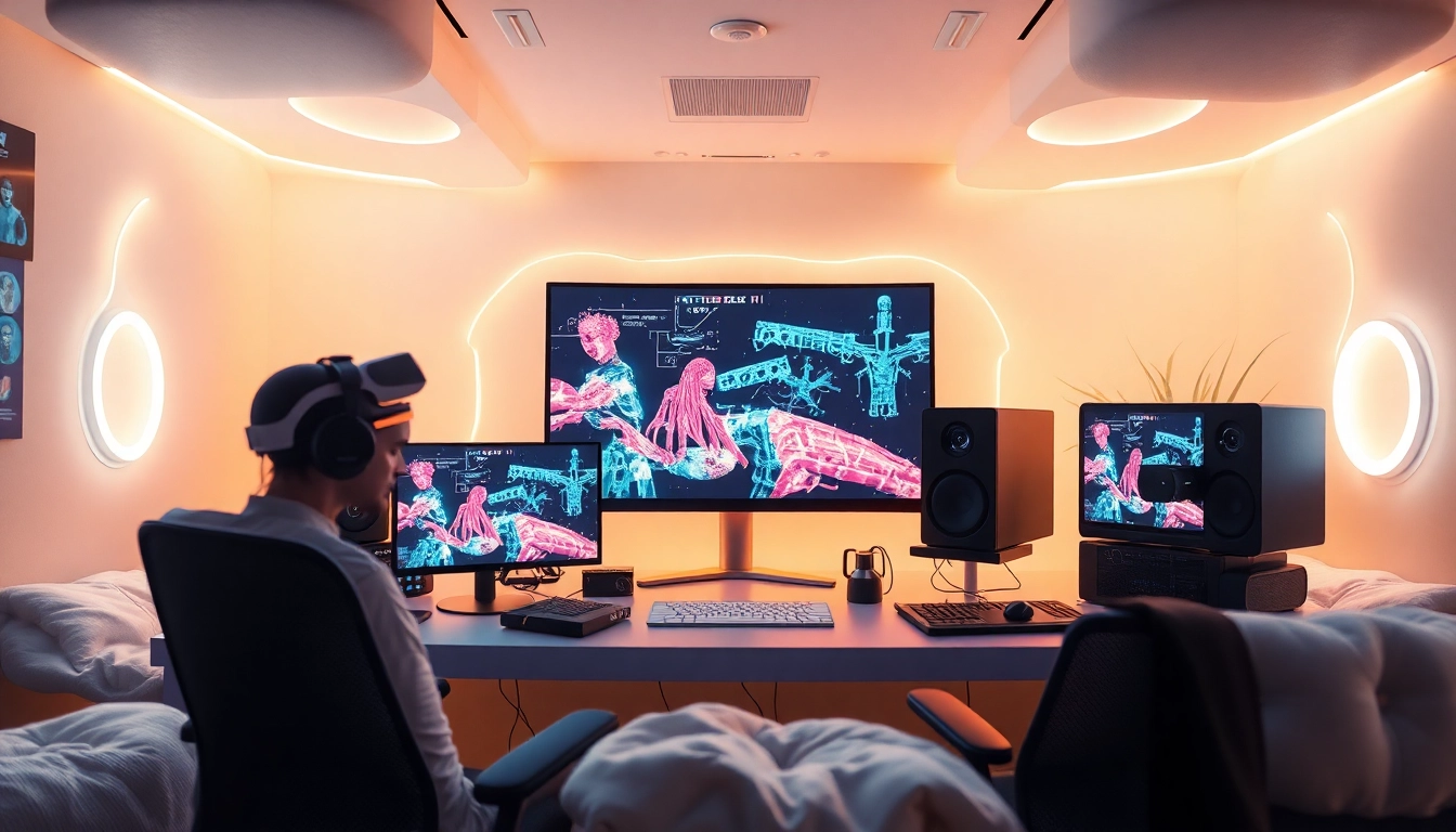 Futuristic digital studio using AI for innovative ai porn content creation.