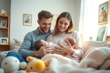 Family with new bornbaby enjoying a cozy moment together in a warmly lit home.